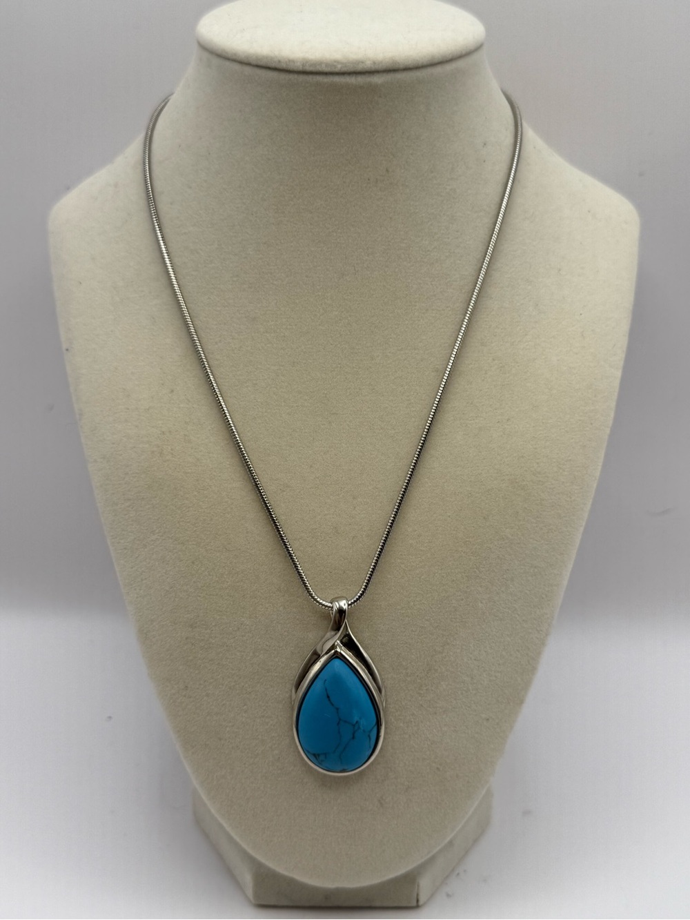 Lia Sophia Turquoise Teardrop Pendant Necklace Silver Tone Snake Chain